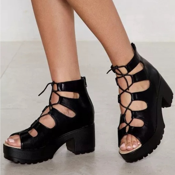 Black Chunky Heel Platform Lace Up Black Sandals - worn once! - Picture 1 of 6